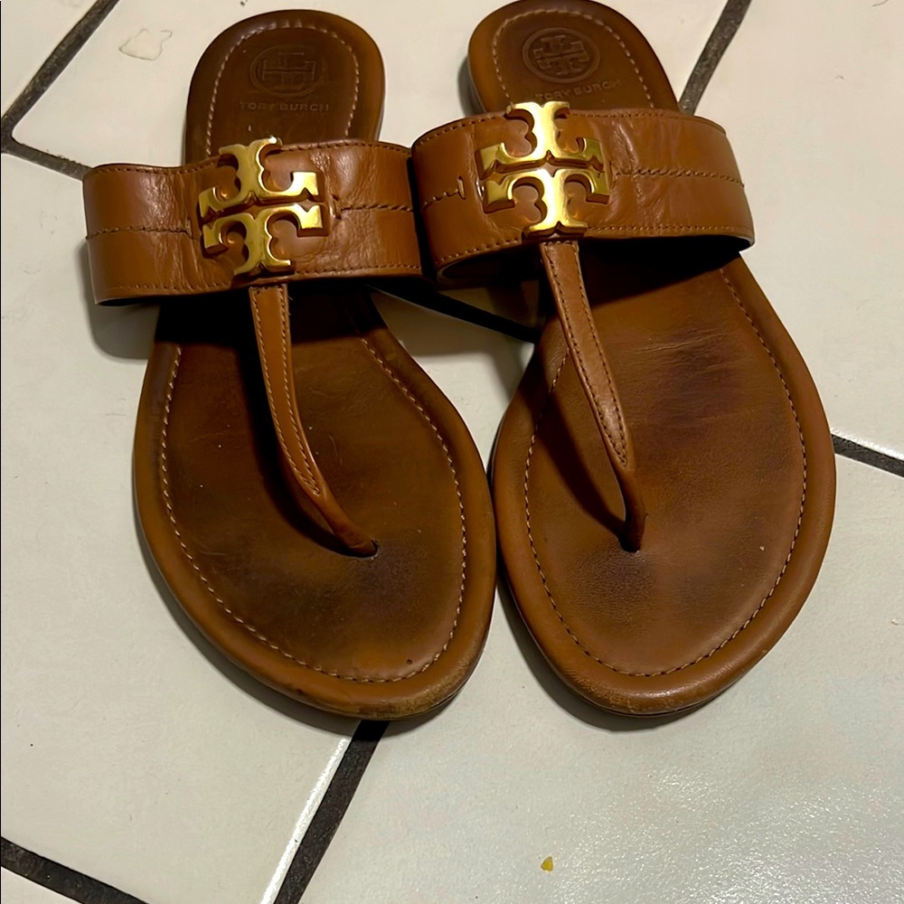 Tory Burch Brown Sandals with Gold Logo